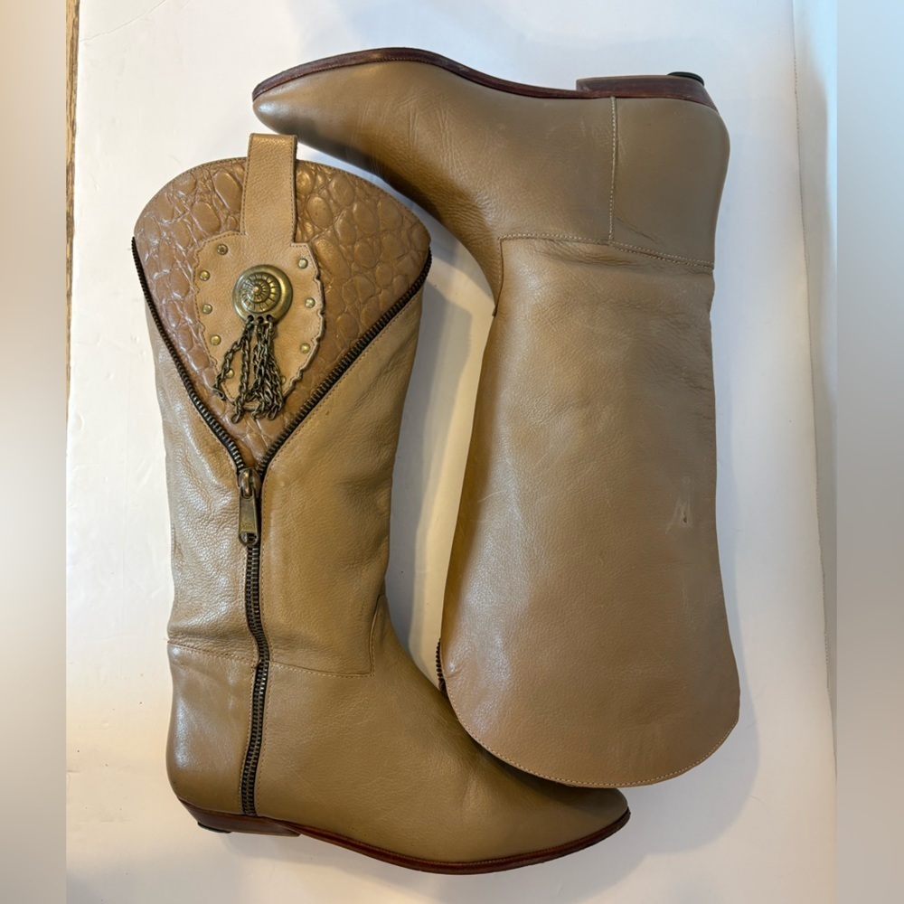 Women's Taupe Leather Mid-Calf Heeled Boots with Tassel Accent